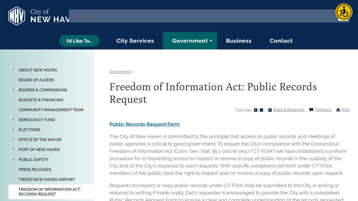 Freedom of Information Act: Public Records Request | New Haven, CT